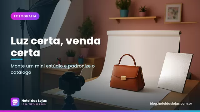 Mini estúdio caseiro com fundo branco, luz difusa e câmera no tripé fotografando uma bolsa de couro