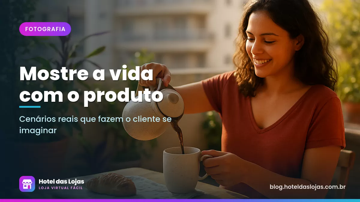 Mulher serve café de um bule de cerâmica em uma varanda ensolarada com plantas e mesa de madeira