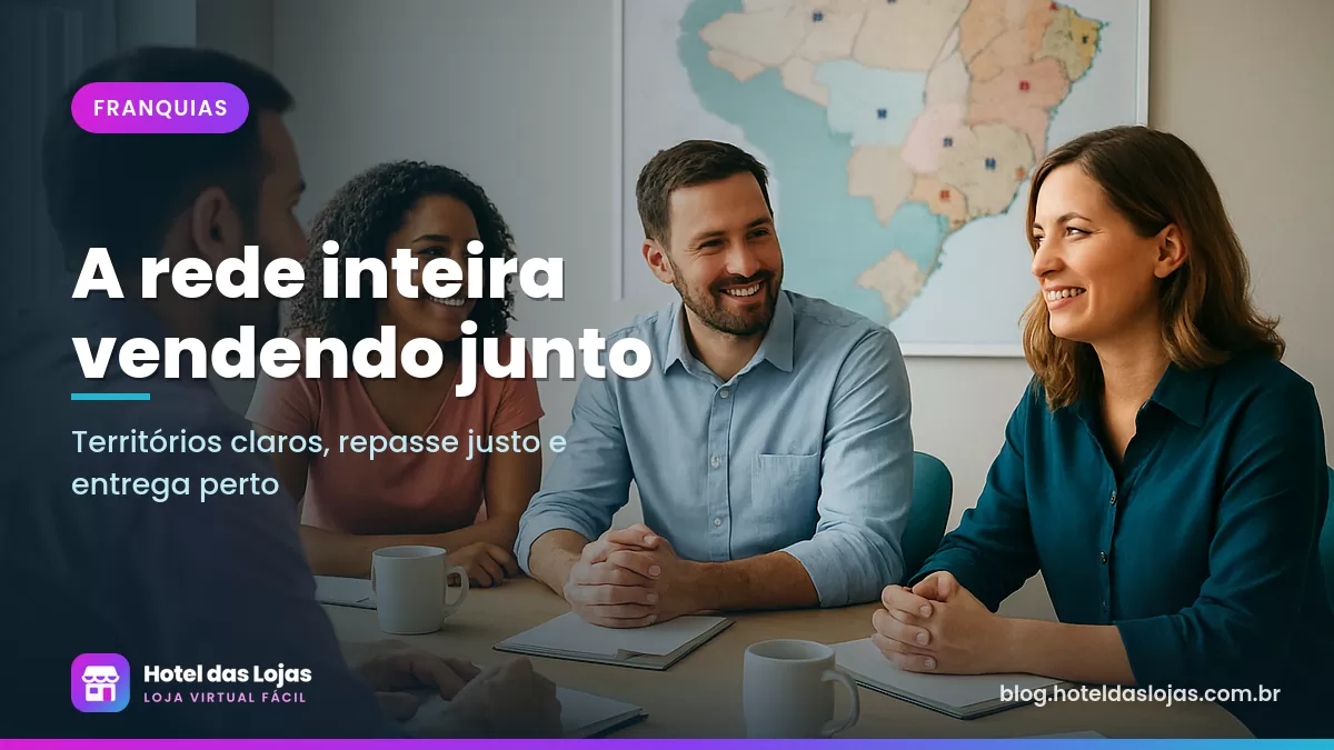 Reunião de franqueados em torno de uma mesa com um mapa regional marcado por alfinetes coloridos na parede