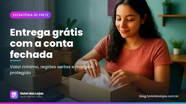 Lojista embalando pedido ao lado de calculadora e caderno com contas de frete