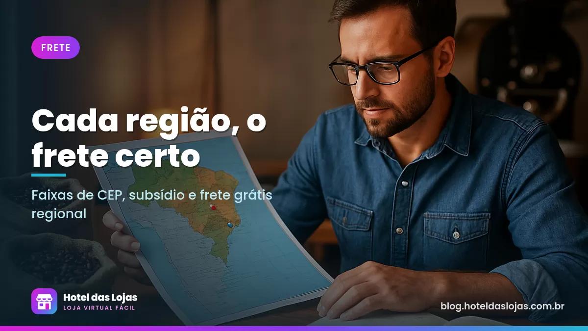 Dono de torrefação analisa mapa do Brasil com alfinetes coloridos ao lado de pacotes de café e caderno