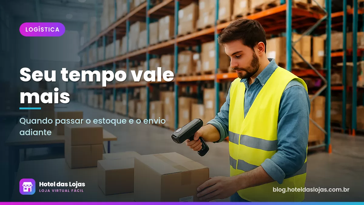 Funcionário escaneia caixa em centro de distribuição com prateleiras altas e mesas de embalagem