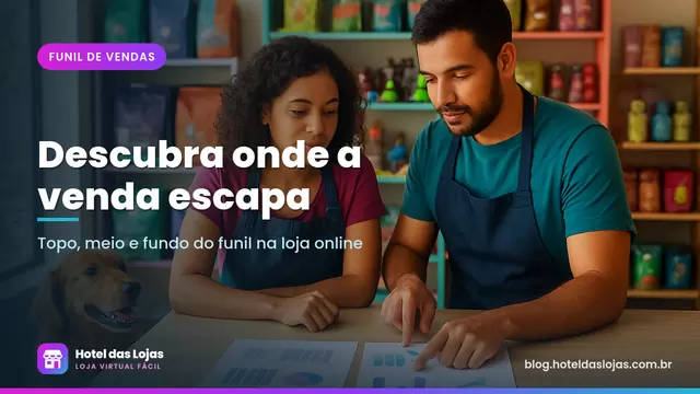 Dono de pet shop e funcionária analisando gráficos impressos no balcão com um cachorro sentado ao lado