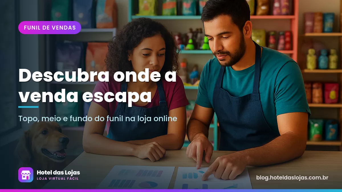 Dono de pet shop e funcionária analisando gráficos impressos no balcão com um cachorro sentado ao lado