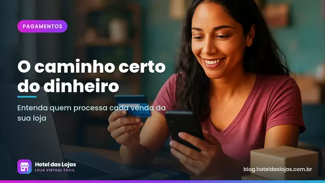 Lojista confere um pagamento com cartão e celular na mesa de trabalho, ao lado de caixas de envio