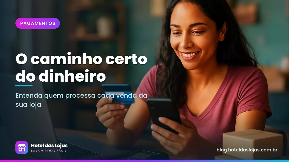 Lojista confere um pagamento com cartão e celular na mesa de trabalho, ao lado de caixas de envio