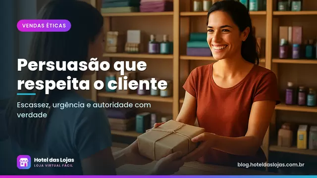 Lojista entregando pacote embrulhado a uma cliente sorridente no balcão de uma loja