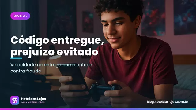 Adolescente sentado na cama com controle de videogame e celular na mão em um quarto com console e fone