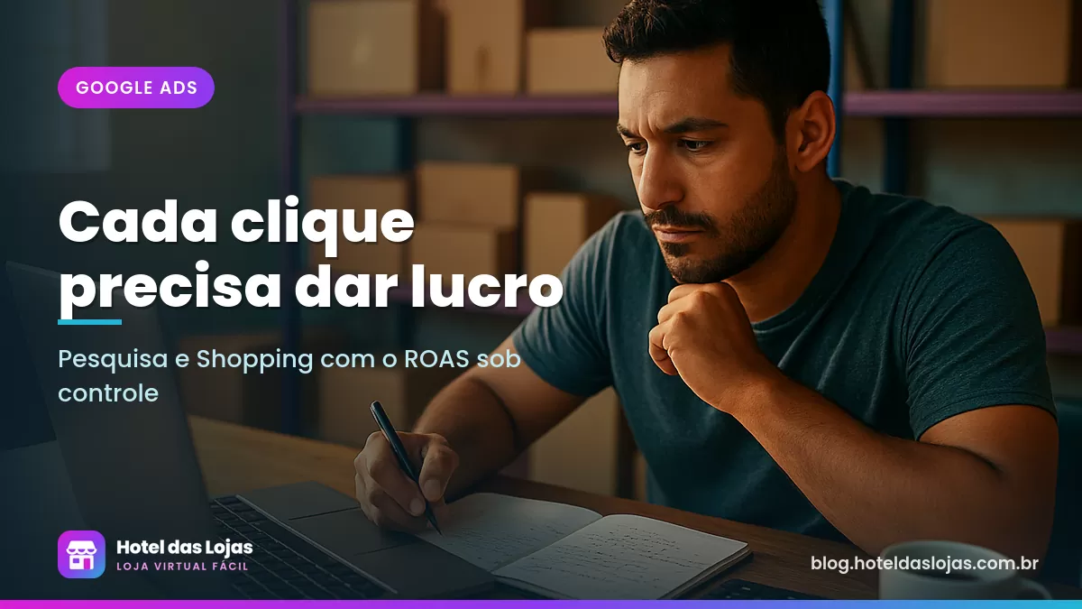 Lojista calculando resultados de anúncios com caderno e calculadora em escritório com estoque ao fundo