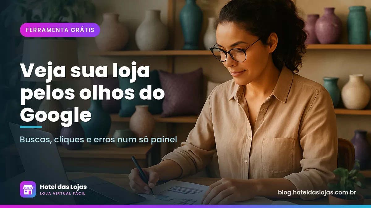 Lojista de decoração analisa gráficos impressos e faz anotações em mesa cercada de vasos e almofadas