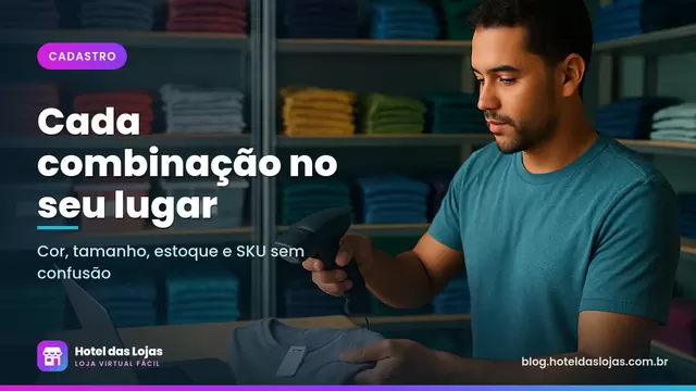 Estoquista lê etiqueta de camiseta em estoque organizado por cor e tamanho, com prateleiras e caixas