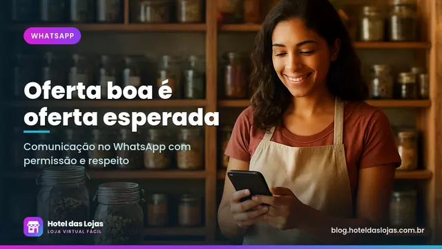 Dona de empório de produtos naturais digitando no celular atrás do balcão com potes nas prateleiras
