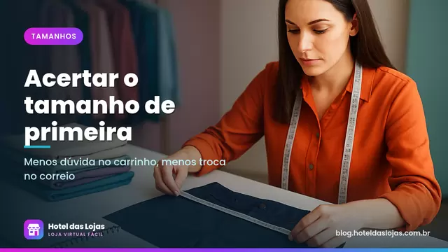 Funcionária de loja de roupas medindo uma calça estendida na mesa com fita métrica ao lado de peças dobradas
