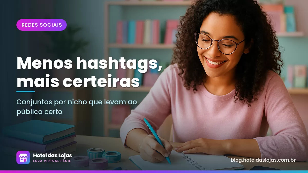 Dona de papelaria anotando ideias em um caderno ao lado de planners coloridos e canetas