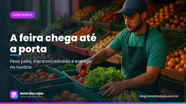 Funcionário de hortifrúti separa tomates, alface, bananas e laranjas em caixas para pedidos de entrega
