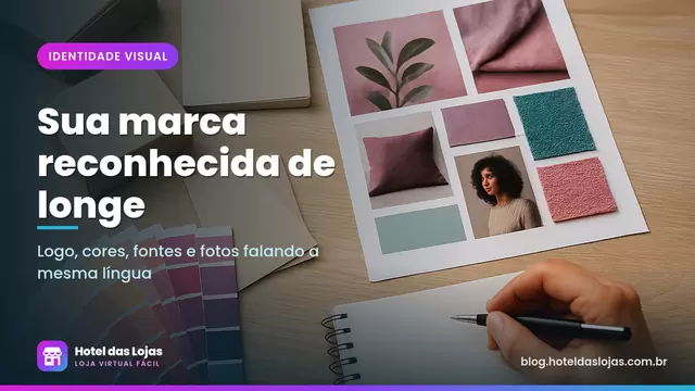 Mesa com amostras de cores, papéis, embalagens kraft e painel de referências para criar a identidade visual