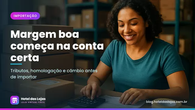 Lojista confere caixas de eletrônicos importados com calculadora e documentos em um pequeno depósito