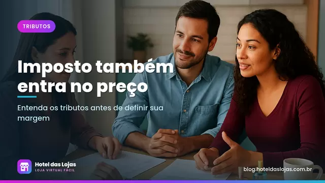 Casal dono de loja de perfumes conversa com contadora à mesa, com documentos, calculadora e frascos
