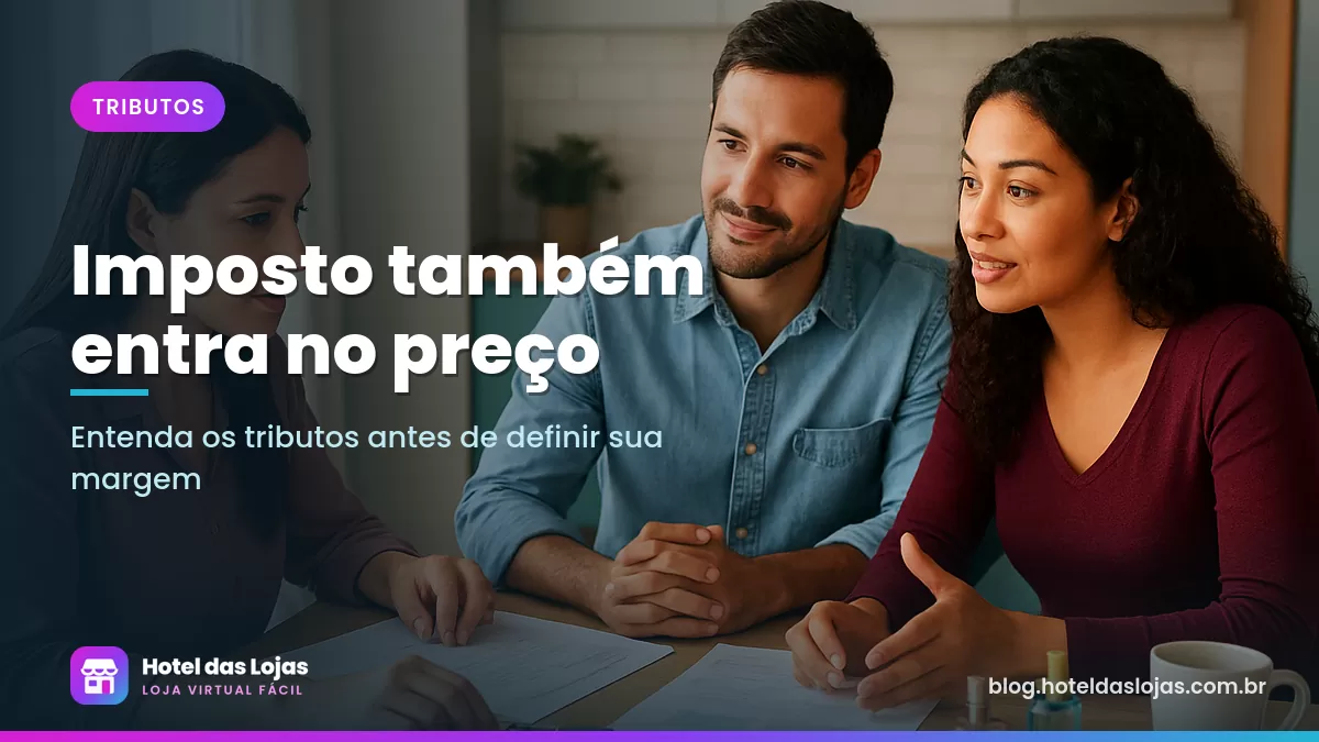 Casal dono de loja de perfumes conversa com contadora à mesa, com documentos, calculadora e frascos