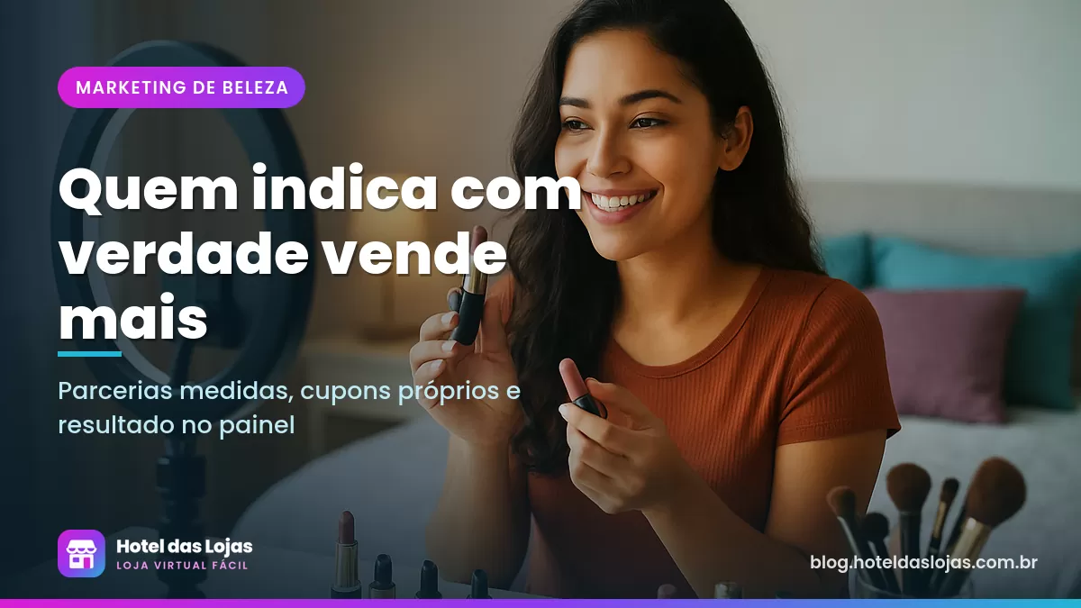 Influenciadora grava tutorial de maquiagem com celular no tripé e produtos de beleza organizados na penteadeira