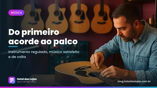 Luthier regula as cordas de um violão na bancada de loja de música com violões na parede e teclado ao lado