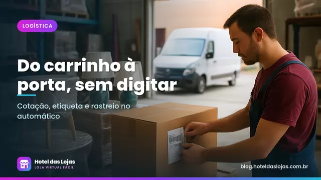 Funcionário cola etiqueta de envio em caixa grande de móvel em uma área de expedição com van de entrega ao fundo