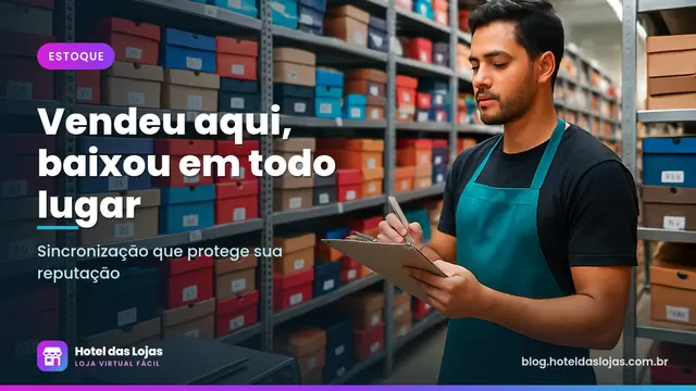 Funcionário confere caixas de tênis em prateleiras etiquetadas por tamanho em um estoque organizado