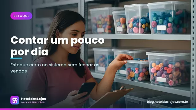 Jovem conta carretéis e aviamentos em caixas etiquetadas de estante metálica, com celular e prancheta na mão