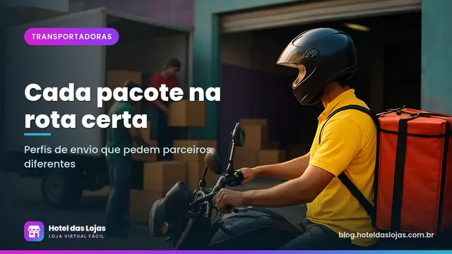 Entregador de moto e caminhão pequeno estacionados diante de um depósito enquanto funcionários carregam caixas