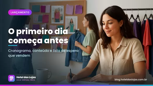 Equipe de marca de roupas planeja lançamento diante de painel com tecidos, fotos e arara com peças novas
