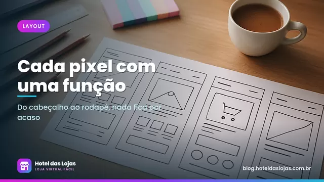 Rascunhos em papel do layout de uma loja virtual organizados sobre a mesa com lápis e notas adesivas