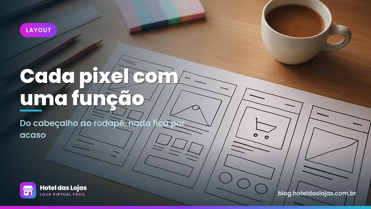 Rascunhos em papel do layout de uma loja virtual organizados sobre a mesa com lápis e notas adesivas