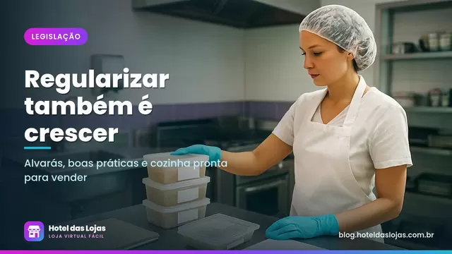Mulher de avental, touca e luvas organiza recipientes em cozinha comercial limpa com pasta de documentos na bancada