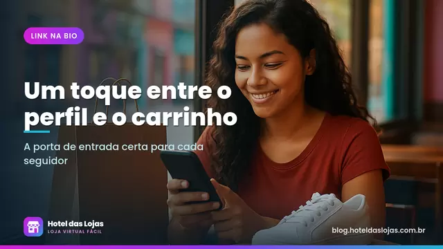 Jovem sentada em um café segurando o celular, com sacola de compras e caixa de tênis ao lado
