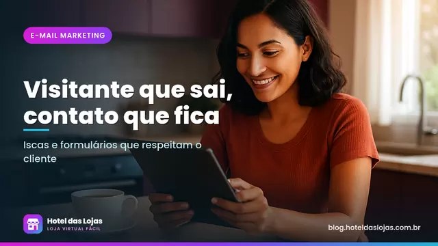 Mulher navega em uma loja virtual pelo tablet na bancada da cozinha, com uma xícara de chá e um envelope ao lado
