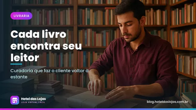 Livreiro embrulha livro em papel kraft no balcão de uma livraria com estantes de livros novos e usados