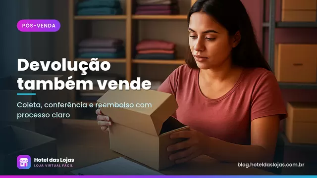 Lojista confere caixa de produto devolvido em bancada de estoque com checklist e caixas abertas