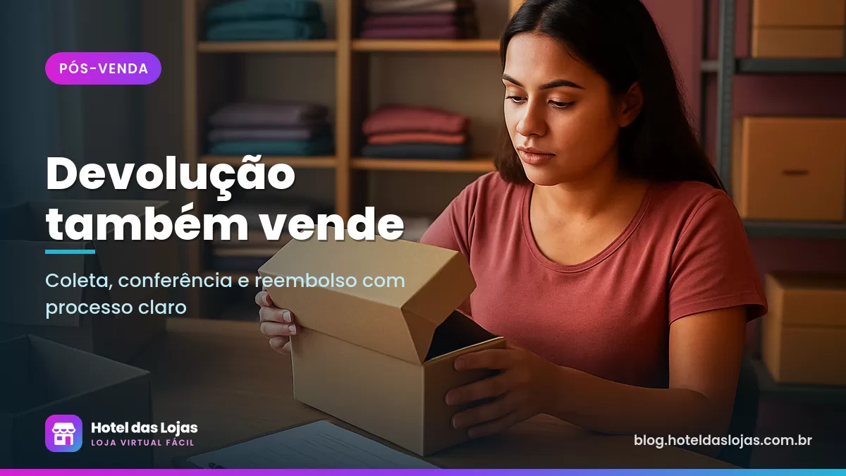 Lojista confere caixa de produto devolvido em bancada de estoque com checklist e caixas abertas