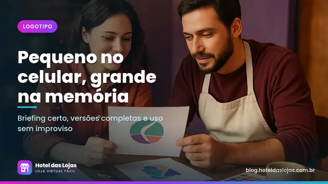 Designer e lojista analisando esboços de logotipo impressos sobre uma mesa de madeira com lápis e amostras de cor