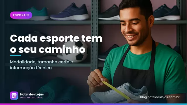 Atendente medindo tênis em estoque de loja esportiva com raquete, bola, tapetes de yoga e capacete