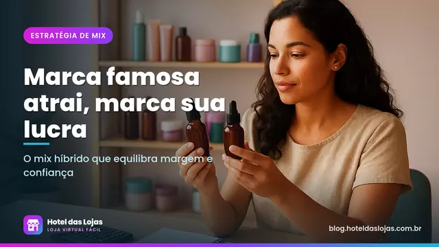 Empreendedora compara frascos da própria marca com cosméticos de revenda em prateleira de estúdio de beleza