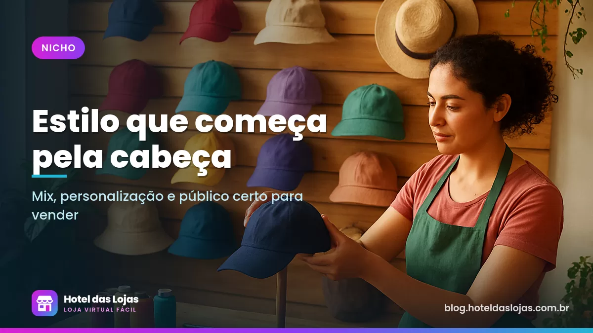 Lojista organizando bonés e chapéus em expositor de madeira em loja de acessórios iluminada