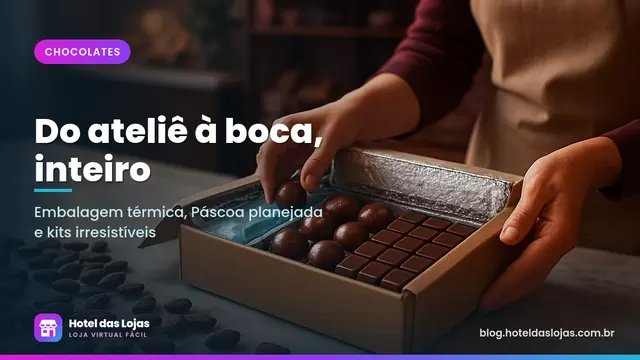 Mãos colocam bombons artesanais em caixa de presente com forro térmico e gelo em gel sobre bancada de mármore