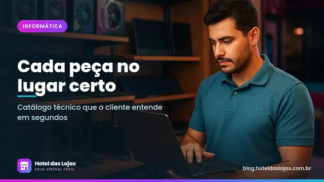 Técnico conferindo notebook em balcão organizado com teclados, mouses, placas e cabos nas prateleiras