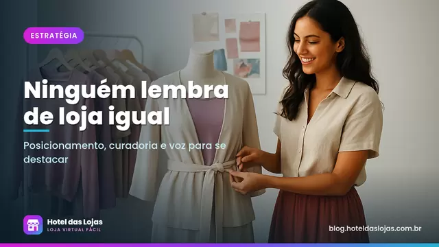Dona de loja de moda feminina montando um look no manequim ao lado de arara com peças em cores coordenadas
