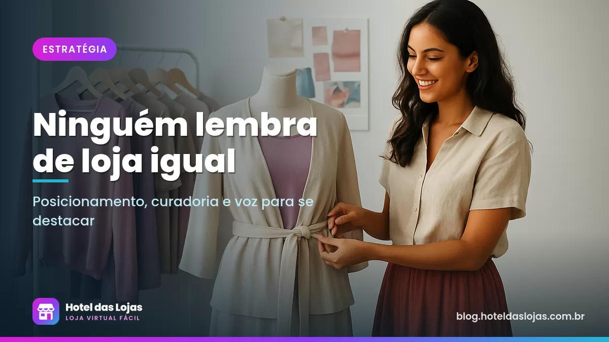 Dona de loja de moda feminina montando um look no manequim ao lado de arara com peças em cores coordenadas