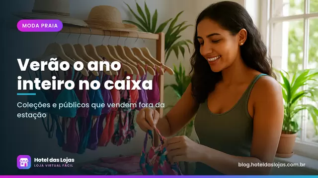 Empreendedora organiza biquínis, maiôs e saídas de praia em arara de madeira num ateliê iluminado