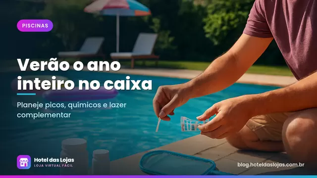 Quintal com piscina azul, pessoa medindo a água com kit de teste, boias coloridas e espreguiçadeiras