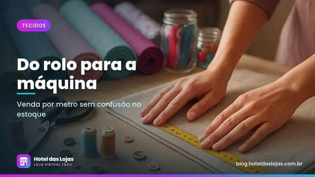 Mesa com rolos de tecidos coloridos, fita métrica, tesoura, linhas, botões e zíperes de uma loja de tecidos