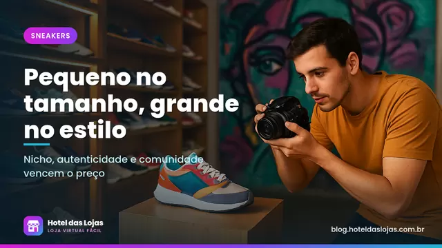 Dono de loja independente de tênis fotografando um par sobre um pedestal com prateleiras de tênis ao fundo